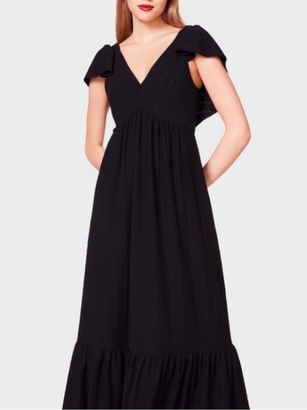 Betsey Johnson Black Cotton Eyelet Flutter Sleeve Maxi Dress - Size Medium